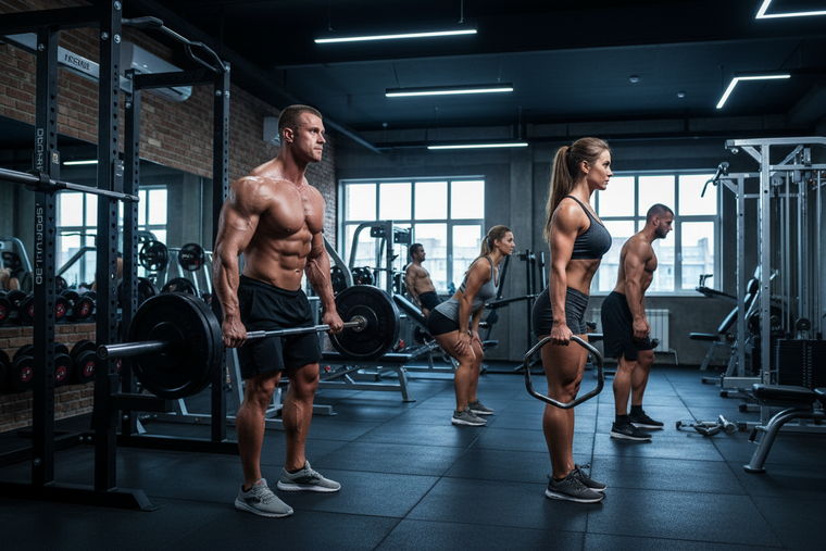 Bodybuilders working out in gym